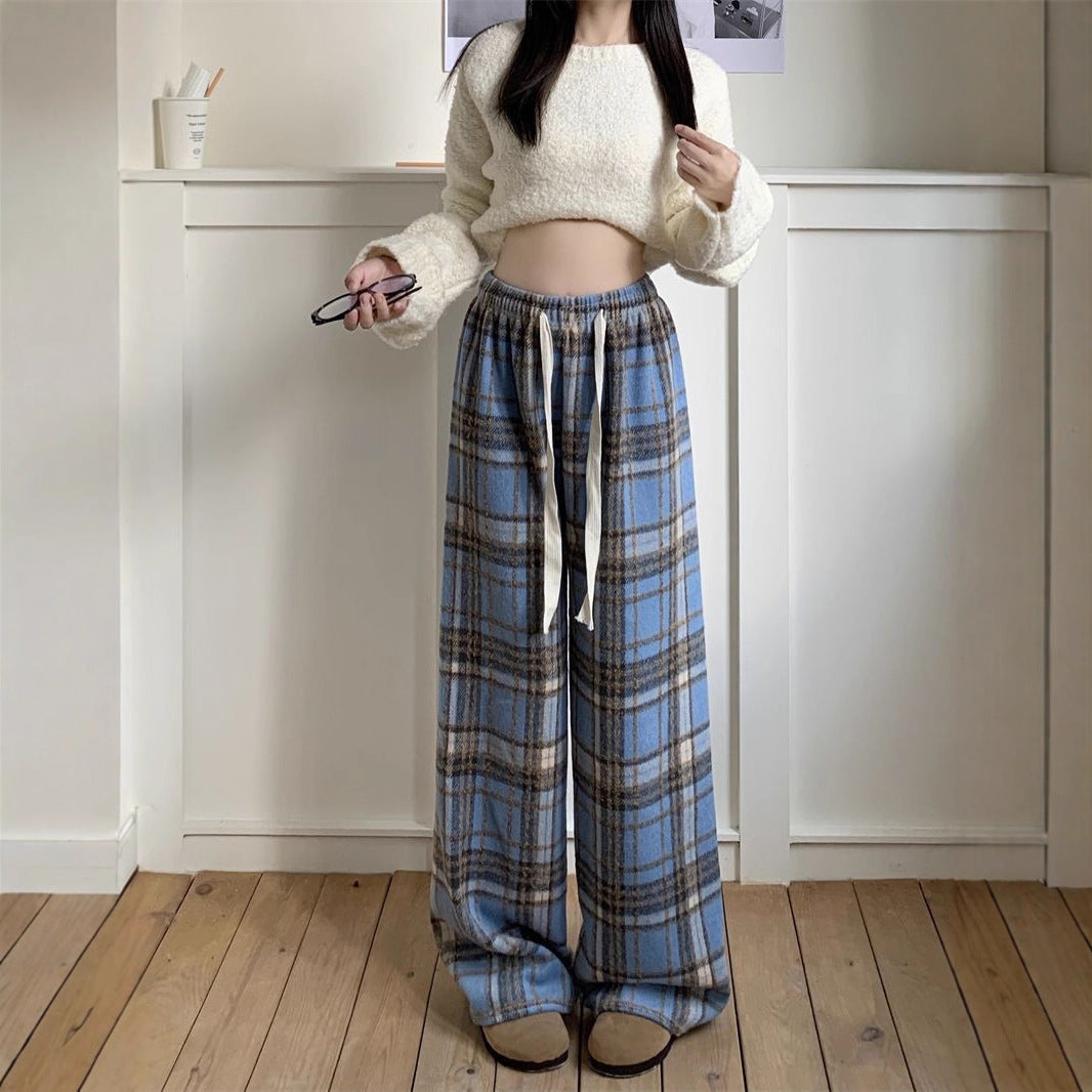 Casual Plaid Trousers for Women, Thickened Warmth, Drawstring Straight Leg Wide Leg Pants, Loose Drapey Floor-Length Pants