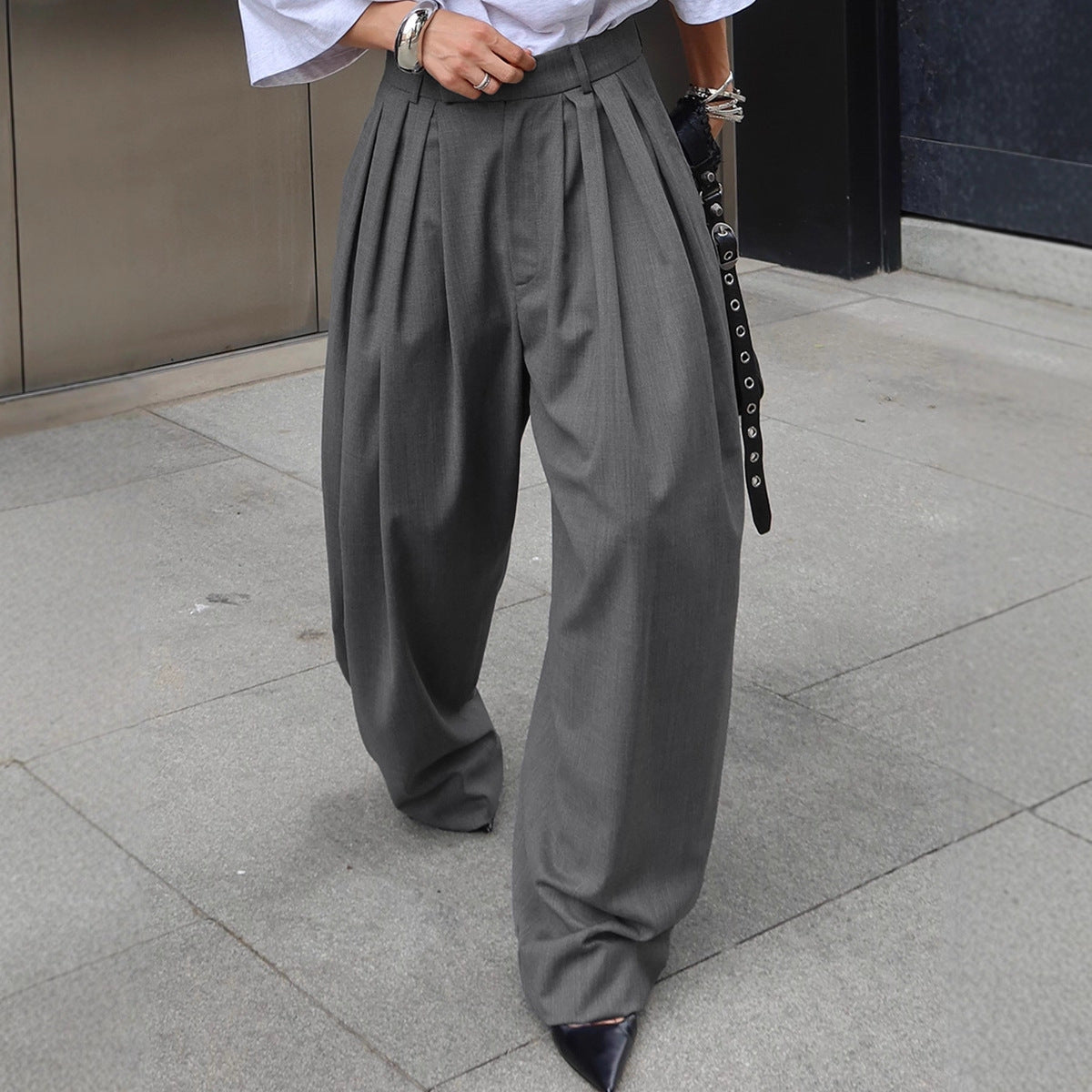 Commute Pleated Gray Suit Pants Women  Casual Loose Wide Leg Trousers