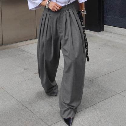 Commute Pleated Gray Suit Pants Women  Casual Loose Wide Leg Trousers