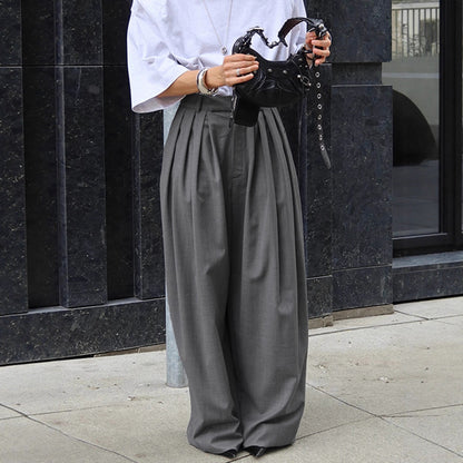 Commute Pleated Gray Suit Pants Women  Casual Loose Wide Leg Trousers