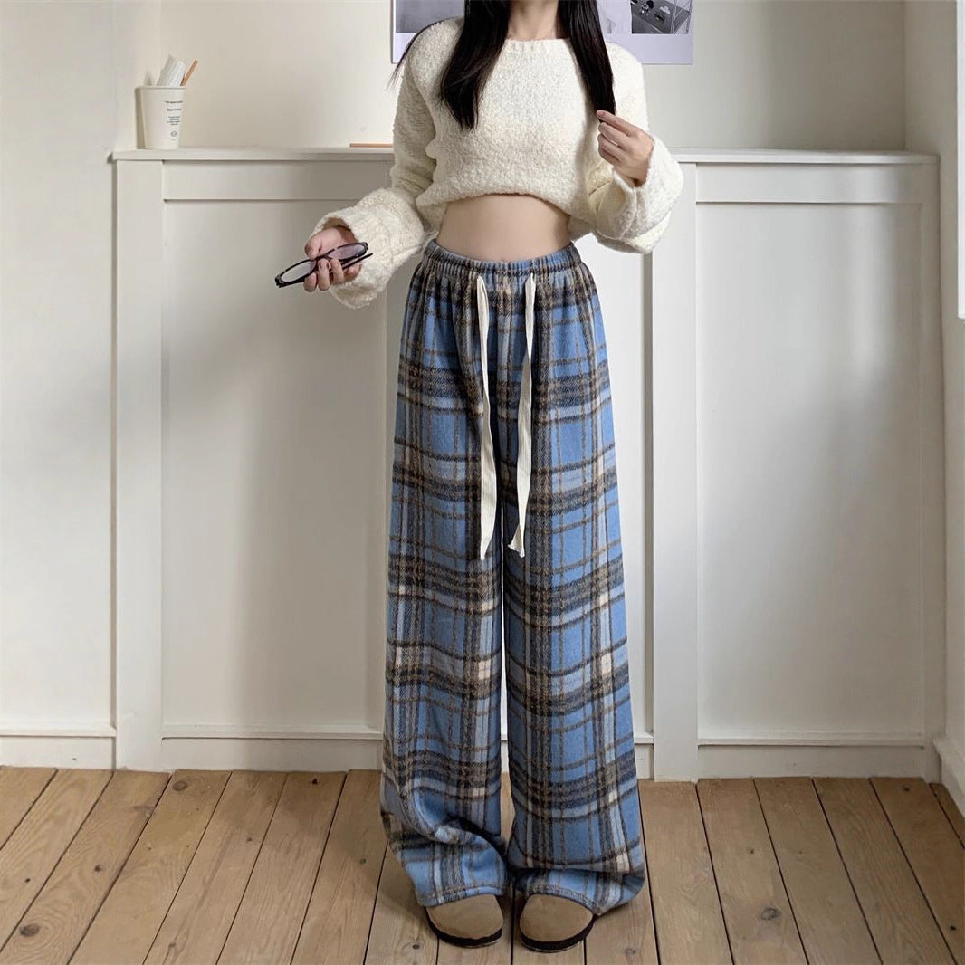 Casual Plaid Trousers for Women, Thickened Warmth, Drawstring Straight Leg Wide Leg Pants, Loose Drapey Floor-Length Pants