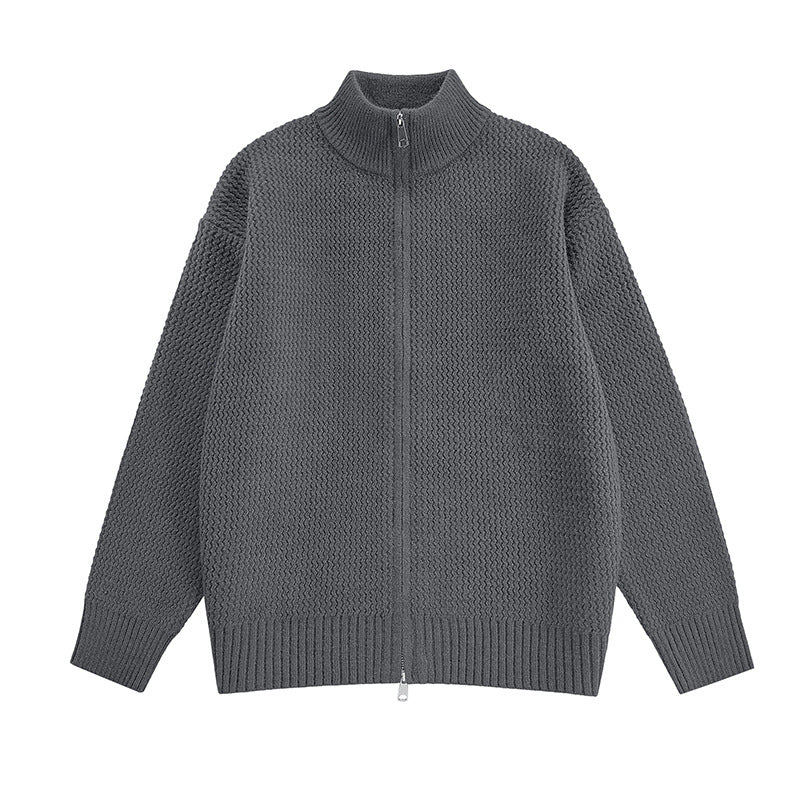 Minimalist High-End Loose Casual Double-Zip Stand-Up Collar Knit Cardigan