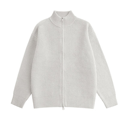 Minimalist High-End Loose Casual Double-Zip Stand-Up Collar Knit Cardigan