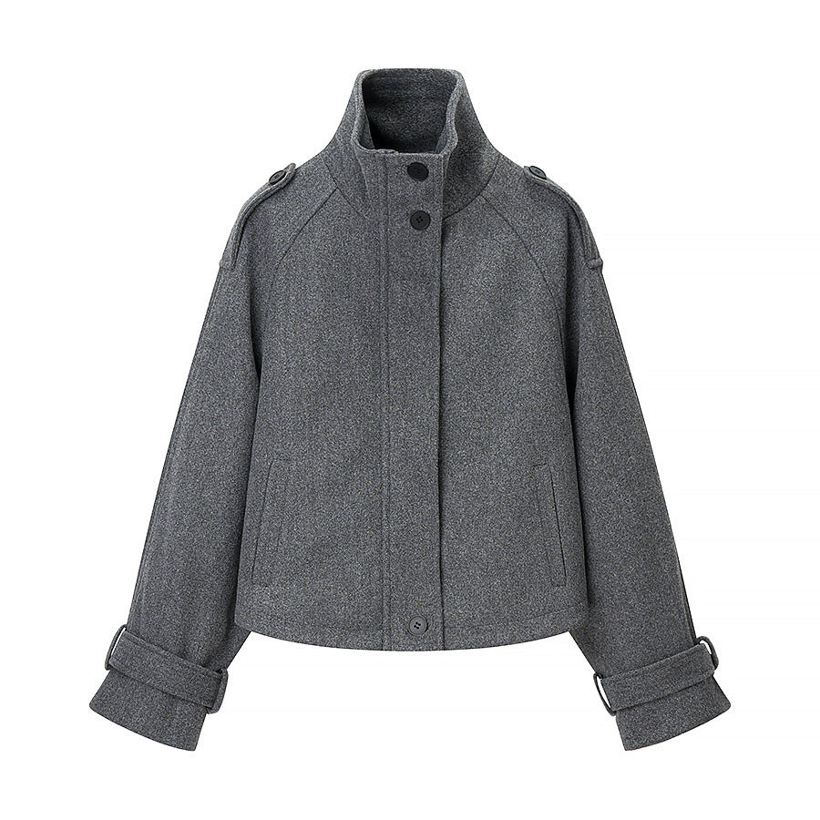 Stand up collar long sleeved gray zipper short woolen coat for women