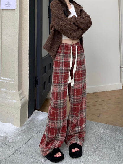 Casual Plaid Trousers for Women, Thickened Warmth, Drawstring Straight Leg Wide Leg Pants, Loose Drapey Floor-Length Pants