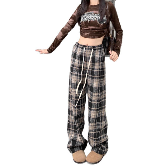 Casual Plaid Trousers for Women, Thickened Warmth, Drawstring Straight Leg Wide Leg Pants, Loose Drapey Floor-Length Pants