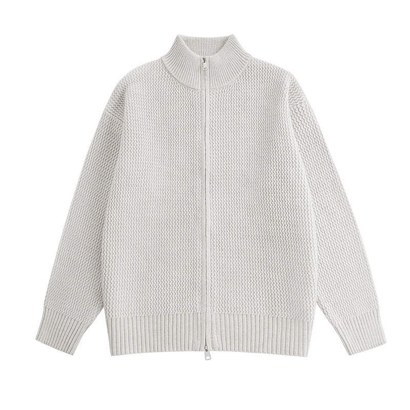 Minimalist High-End Loose Casual Double-Zip Stand-Up Collar Knit Cardigan