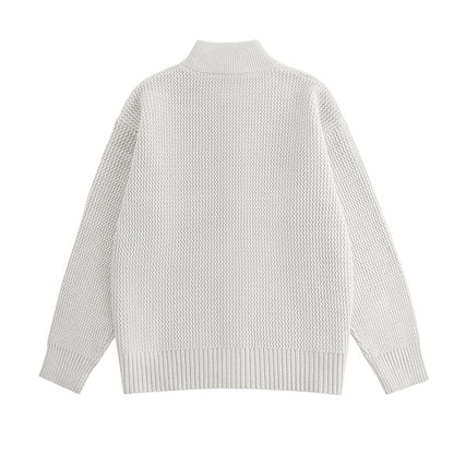 Minimalist High-End Loose Casual Double-Zip Stand-Up Collar Knit Cardigan