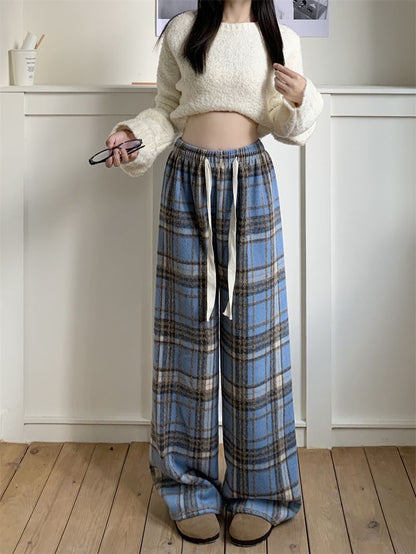 Casual Plaid Trousers for Women, Thickened Warmth, Drawstring Straight Leg Wide Leg Pants, Loose Drapey Floor-Length Pants