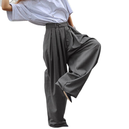Commute Pleated Gray Suit Pants Women  Casual Loose Wide Leg Trousers