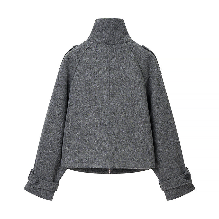 Stand up collar long sleeved gray zipper short woolen coat for women