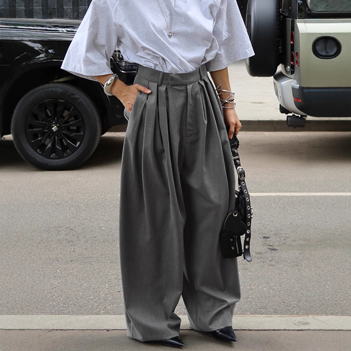 Commute Pleated Gray Suit Pants Women  Casual Loose Wide Leg Trousers