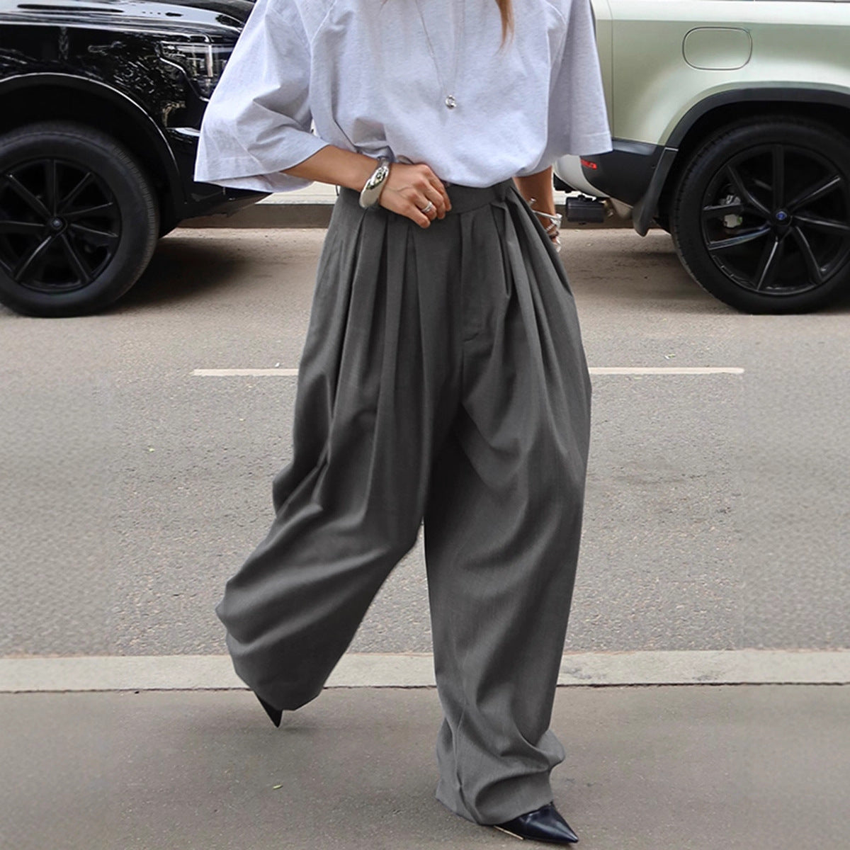 Commute Pleated Gray Suit Pants Women  Casual Loose Wide Leg Trousers
