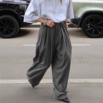 Commute Pleated Gray Suit Pants Women  Casual Loose Wide Leg Trousers