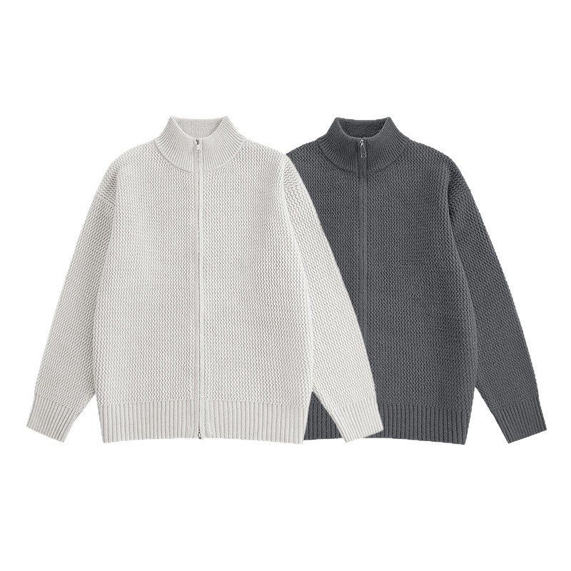 Minimalist High-End Loose Casual Double-Zip Stand-Up Collar Knit Cardigan