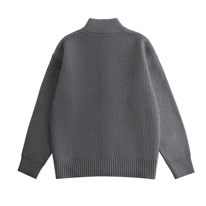 Minimalist High-End Loose Casual Double-Zip Stand-Up Collar Knit Cardigan